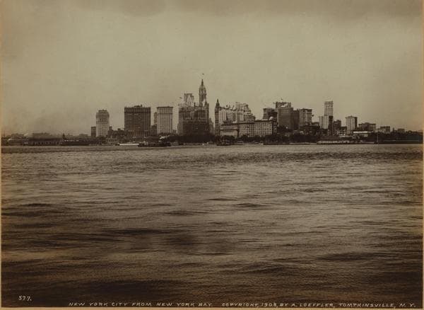 North (Hudson) River - River scenes - Lower Manhattan skyline at Battery Park., 1908