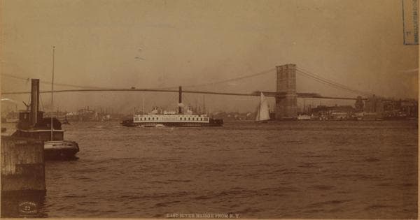 Bridges - Brooklyn Bridge - [View of the bridge from a Manhattan pier.], 1882–1890
