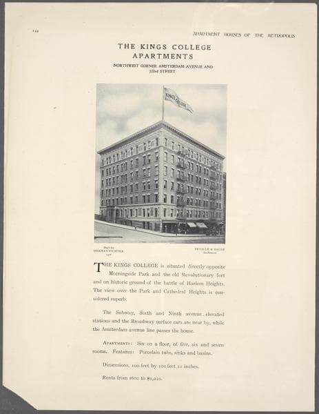 The King College Apartments, northwest corner Amsterdam Avenue and 122nd Street., 1908