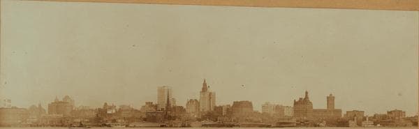North (Hudson) River - Shore and skyline - Manhattan - Battery - 14th Street - [American Surety Company ; New York Aquarium ; New York Produce Exchange ; Union Trust Company ; Washington Building ; Battery Park Building ; Bowling Green Building ; Chesebrough Building.], 1897–1900